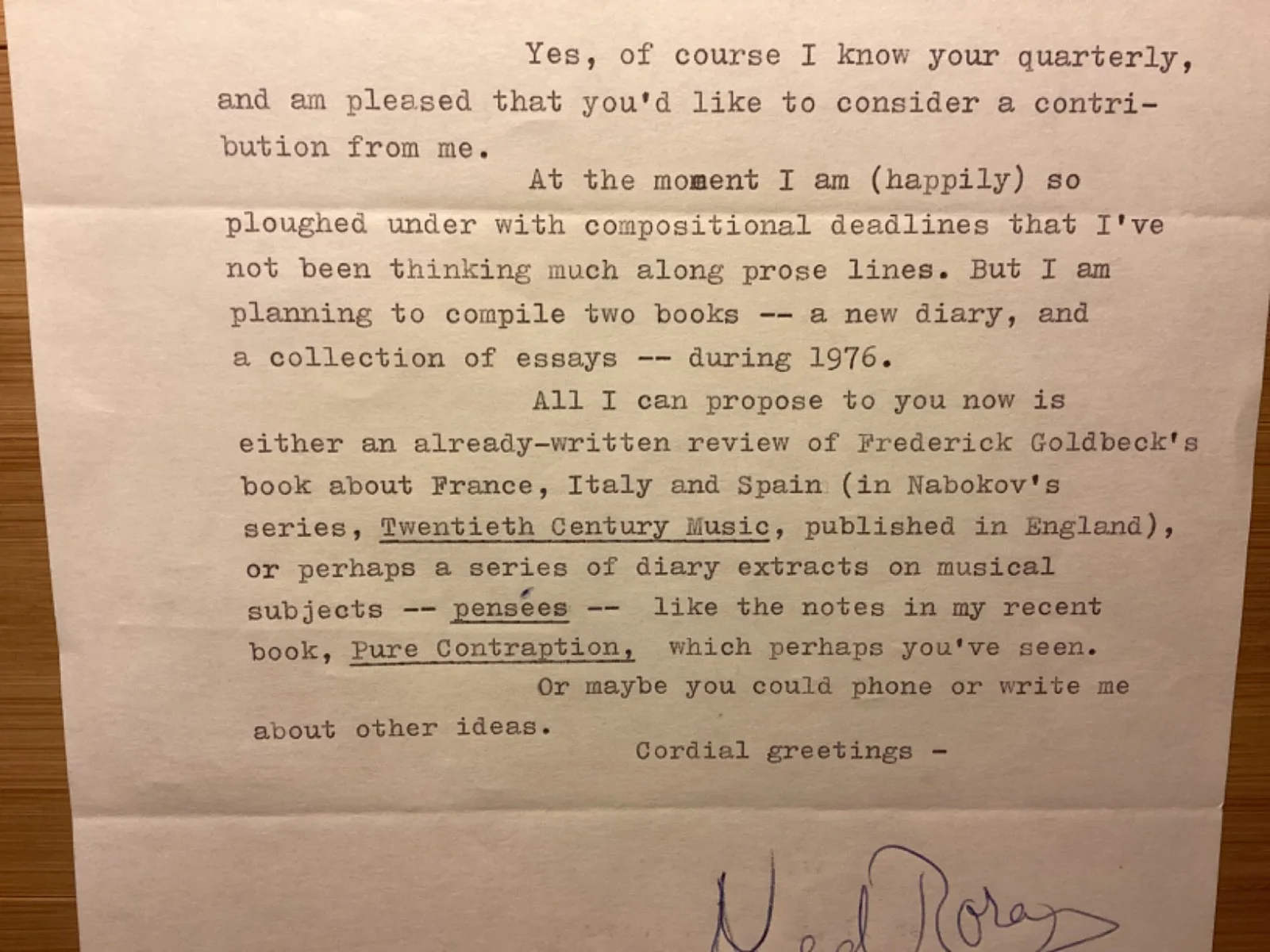 Ned Rorem — 1975 Signed Letter From Ned Rorem To Musical America Editor Patrick Smith, image 3
