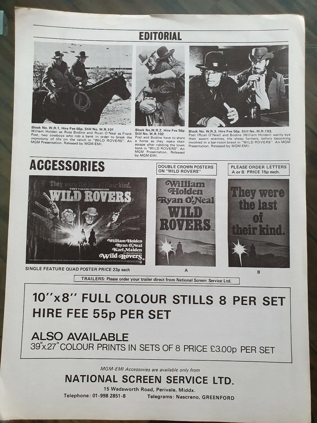 WILD ROVERS - VINTAGE ORIGINAL 1971 PRESS INFO SHEET RYAN O'NEAL, WILLIAM HOLDEN, изображение 2