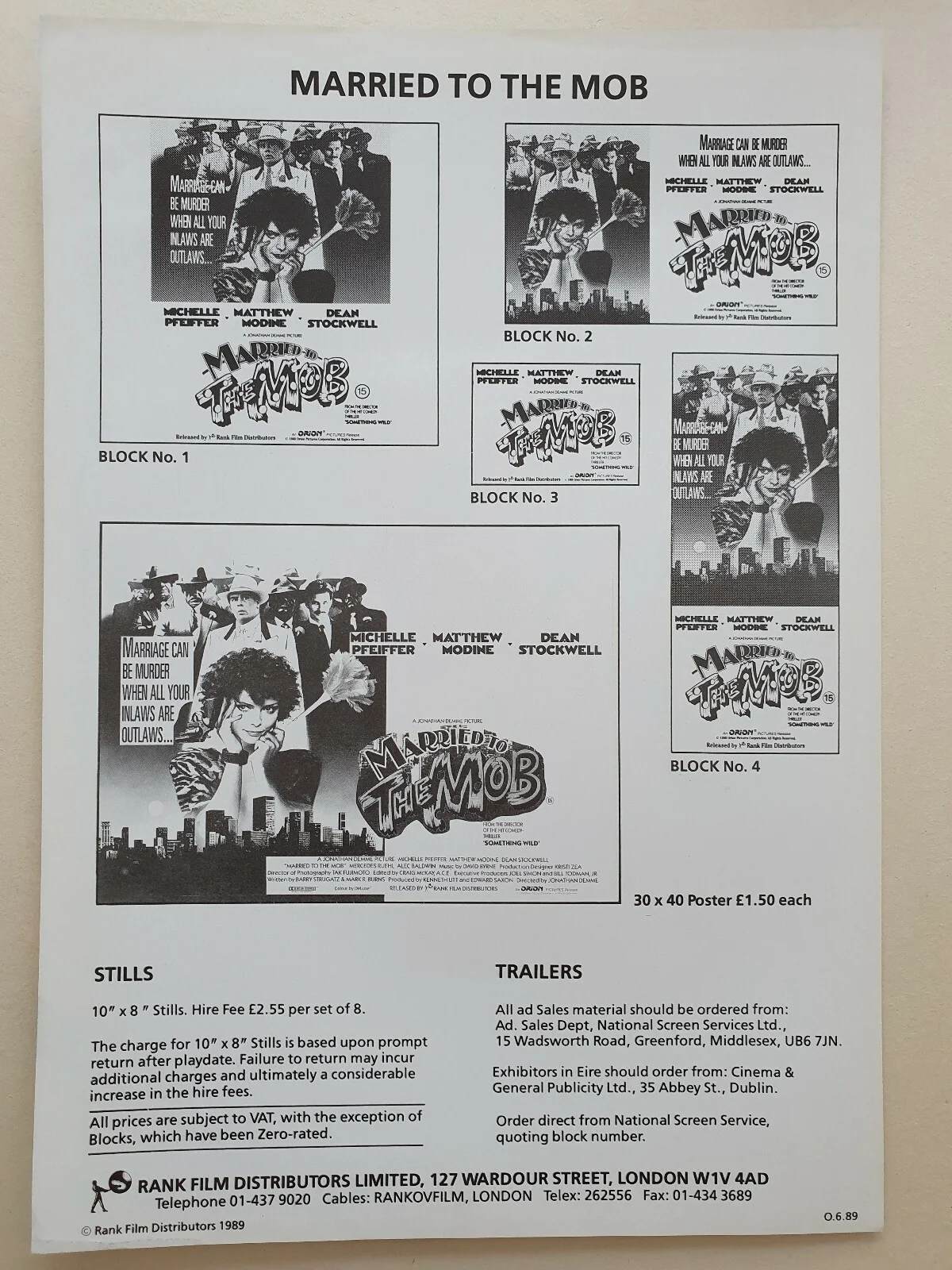 MARRIED TO THE MOB - VINTAGE PRESS AD SHEET & SYNOPSIS BOOKLET MICHELLE PFEIFFER, изображение 2