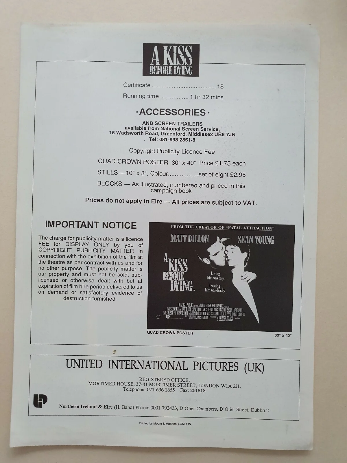 A KISS BEFORE DYING - VINTAGE PRESS AD SHEET & SYNOPSIS BOOKLET - MATT DILLON, изображение 2
