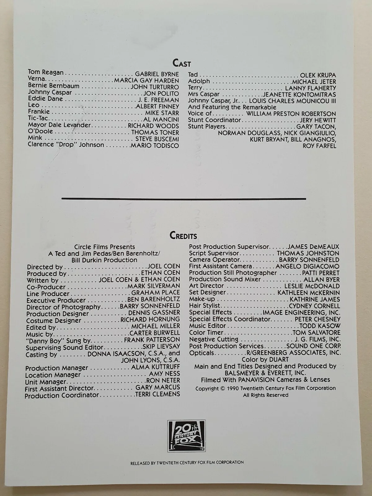 MILLER'S CROSSING - VINTAGE ORIGINAL PRESS INFO SYNOPSIS CARD - COEN BROTHERS, изображение 2