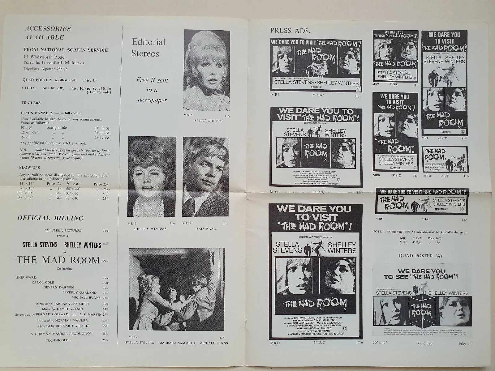 THE MAD ROOM - VINTAGE UK PRESSBOOK - STELLA STEVENS, SHELLEY WINTERS 1969, image 2