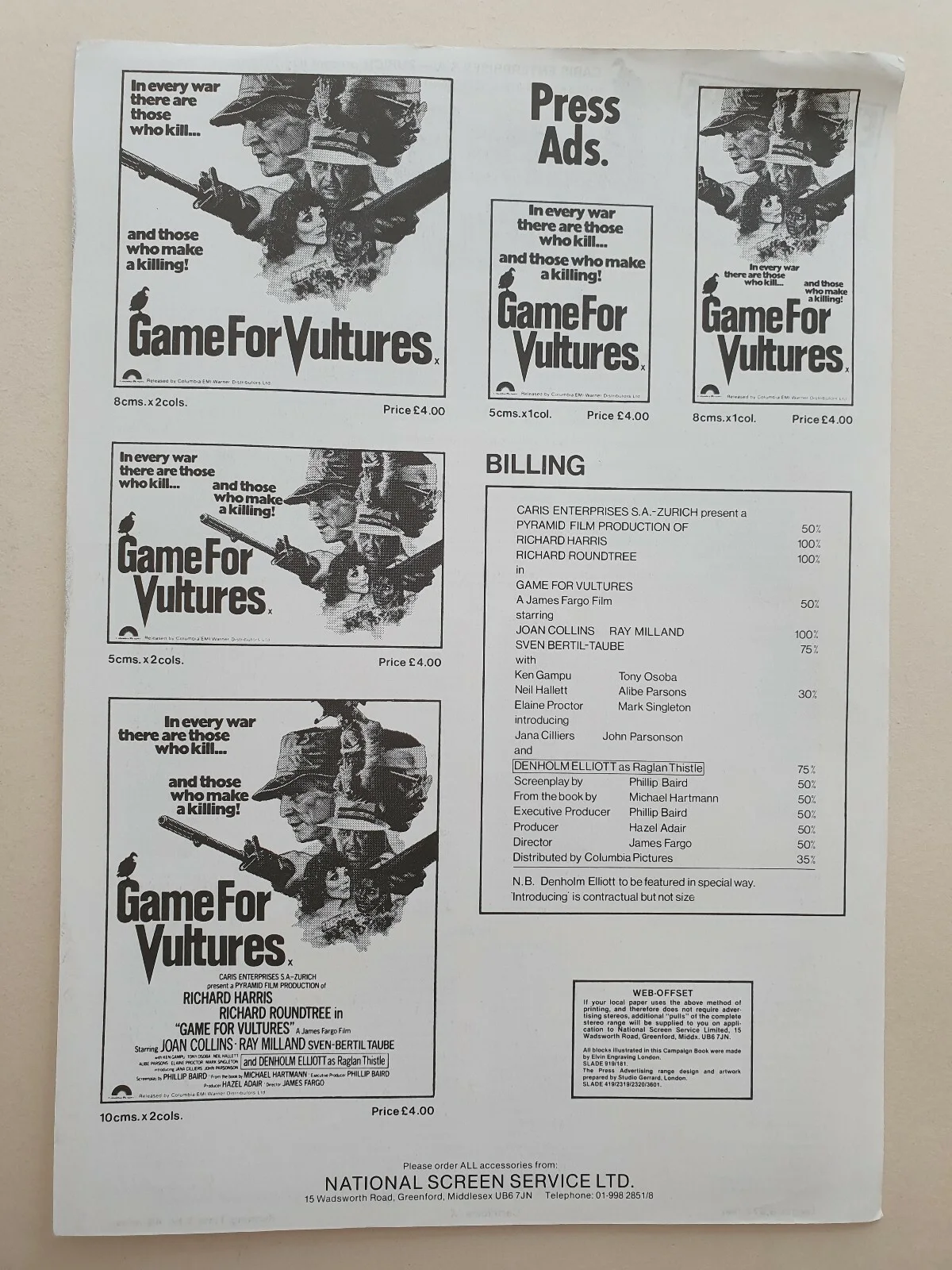 JOAN COLLINS - GAME FOR VULTURES - 2 VINTAGE ORIGINAL PRESS AD & SYNOPSIS SHEETS, image 2