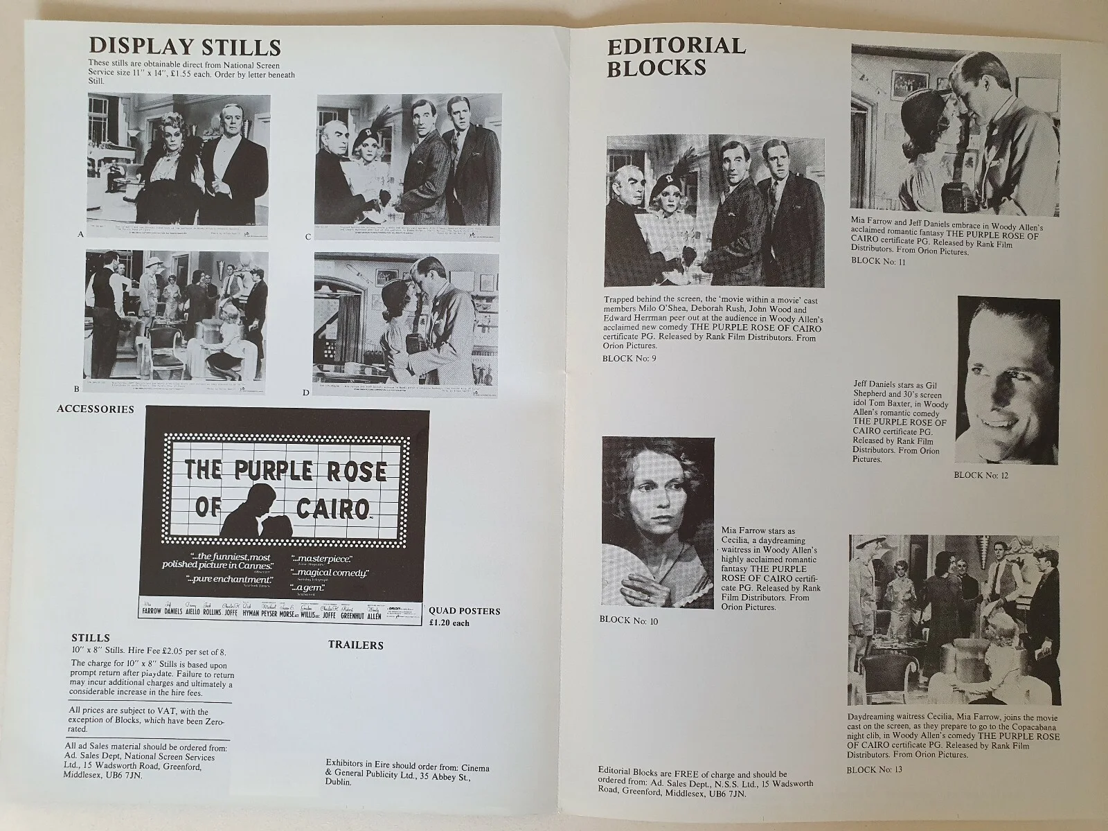 WOODY ALLEN - PURPLE ROSE OF CAIRO - VINTAGE PRESSBOOK & SYNOPSIS SHEET DANIELS, изображение 2