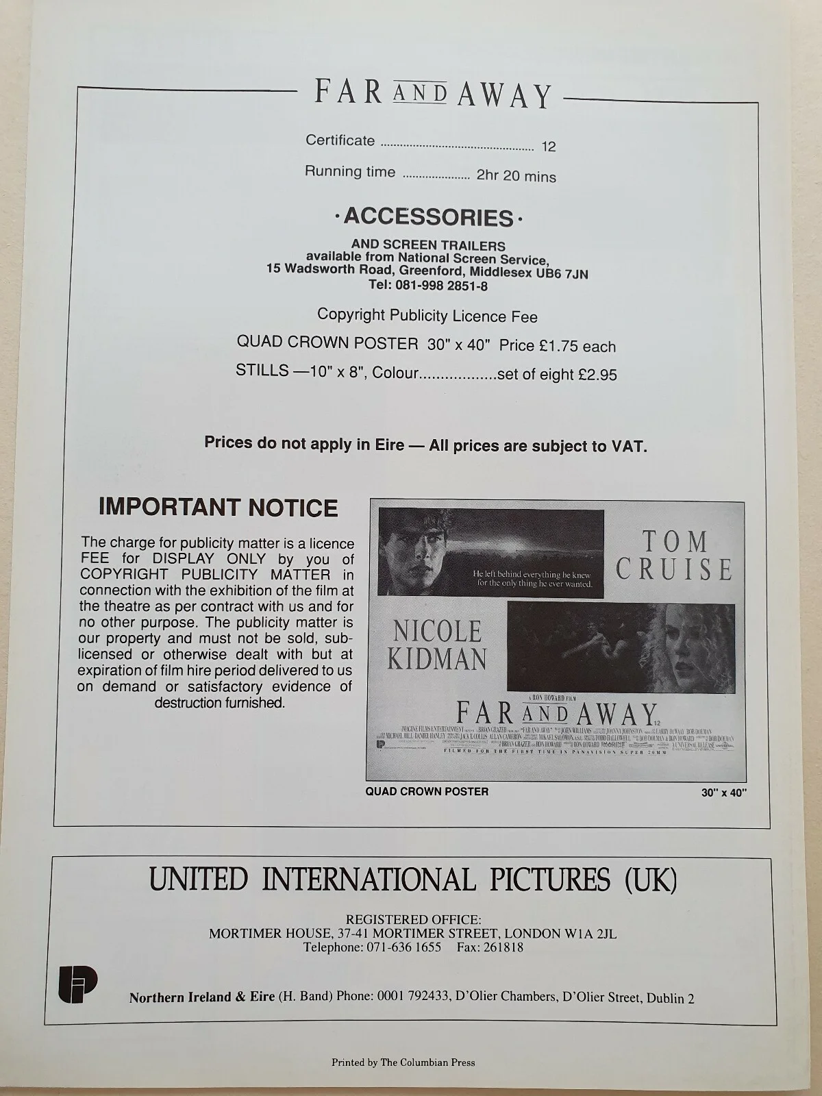 FAR AND AWAY - VINTAGE ORIGINAL PRESS AD SHEET - TOM CRUISE, NICOLE KIDMAN, image 2