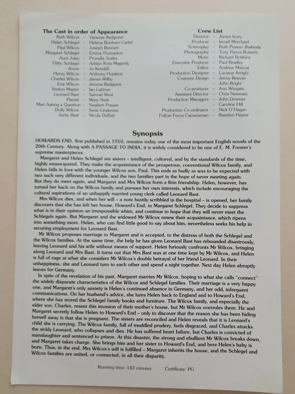 HOWARD'S END - VINTAGE ORIGINAL PRESS SYNOPSIS SHEET - HELENA BONHAM CARTER, image 2