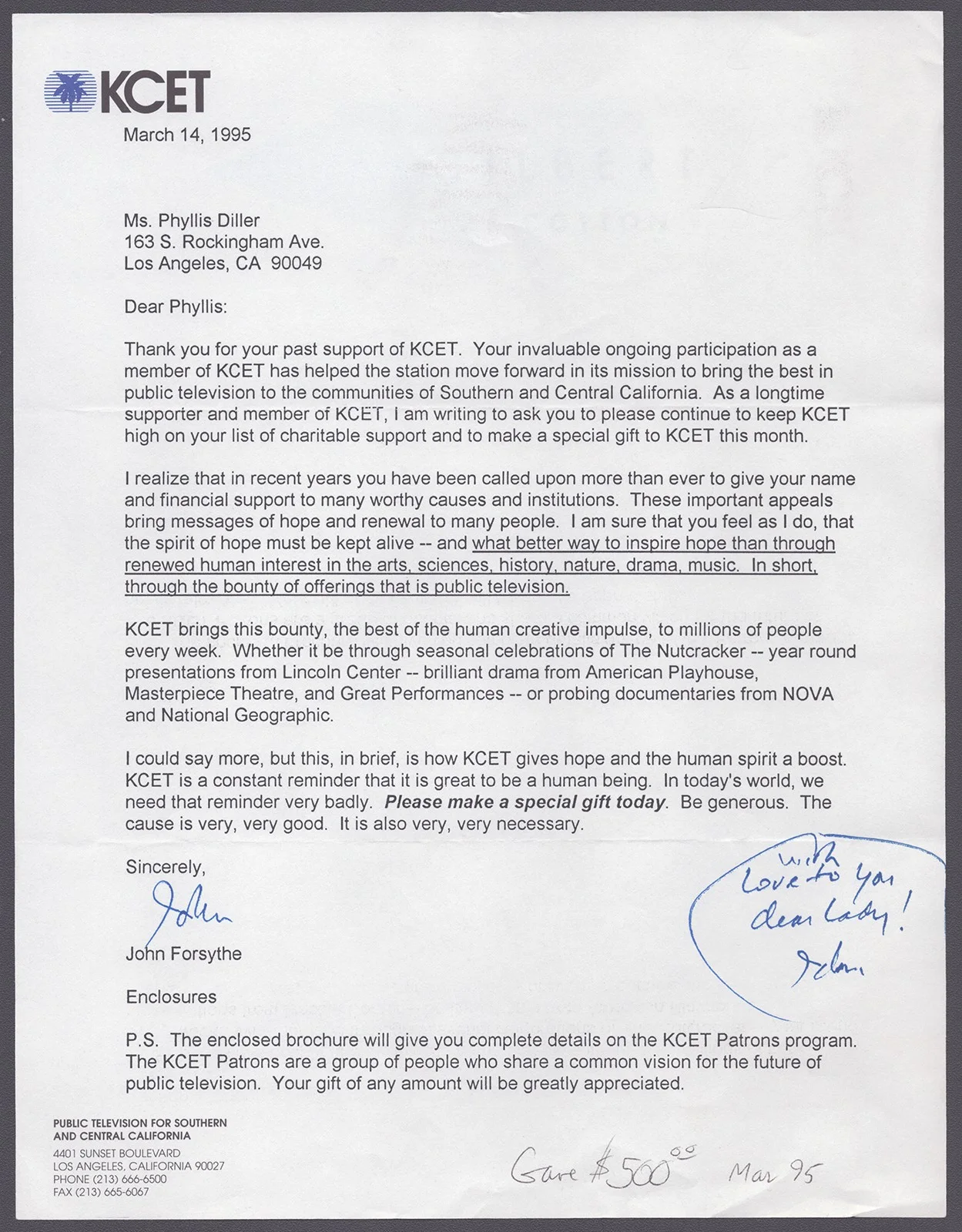 John Forsythe, Phyllis Diller — JOHN FORSYTHE - TYPED LETTER SIGNED 03/14/1995 CO-SIGNED BY: PHYLLIS DILLER