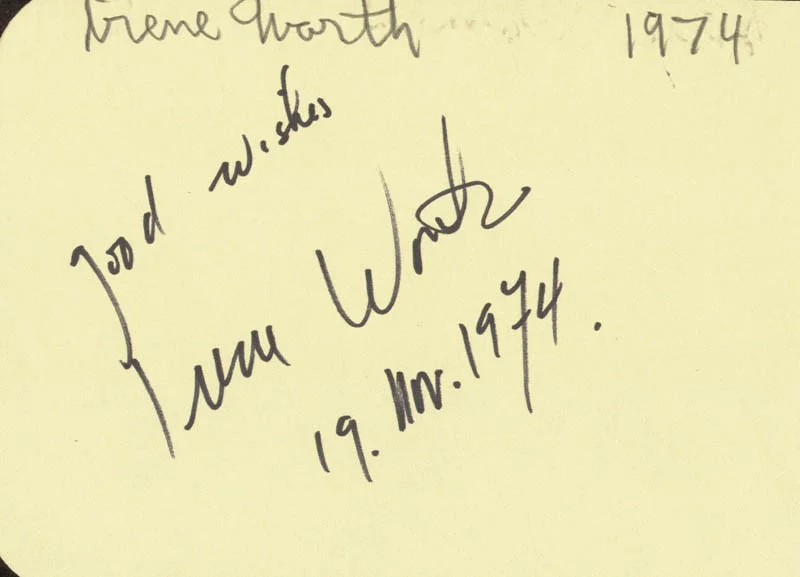 Irene Worth, Kaiulani Lee — IRENE WORTH - AUTOGRAPH 11/19/1974 CO-SIGNED BY: KAIULANI LEE