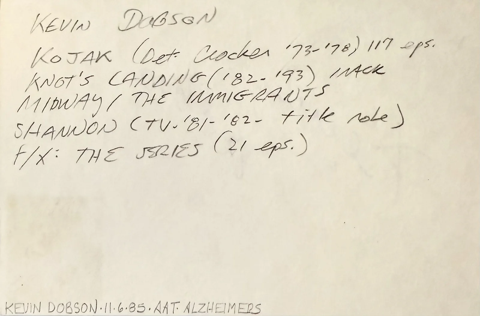 Kevin Dobson — KEVIN DOBSON Signed Autographed 4"x 6" INDEX CARD MIDWAY Knots Landing KOJAK, изображение 2