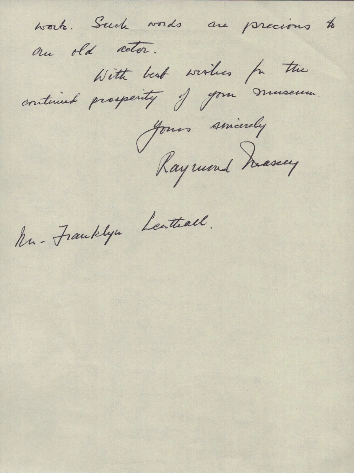Raymond Massey — RAYMOND MASSEY - AUTOGRAPH LETTER SIGNED 01/17/1981, image 2
