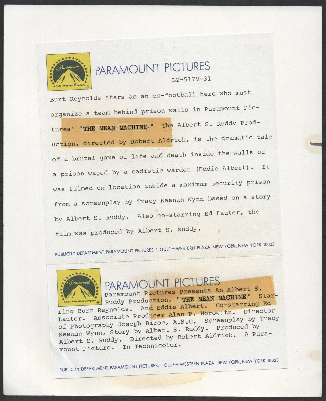 MEAN MACHINE 1974 Robert Aldrich - Burt Reynolds 3 STILLS, image 2