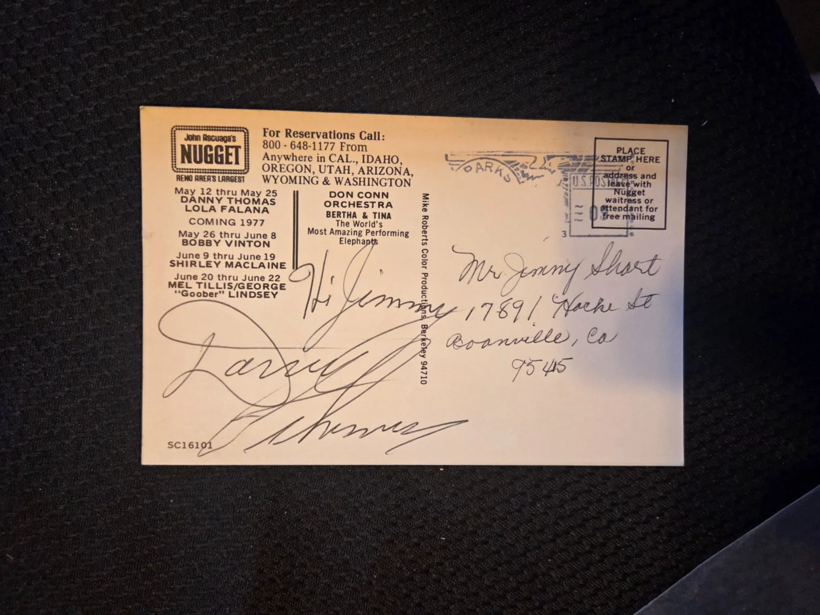 Danny Thomas — Danny Thomas Signed Postcard John Ascuaga's Nugget Nevada Autographed 1976 RARE!, image 2