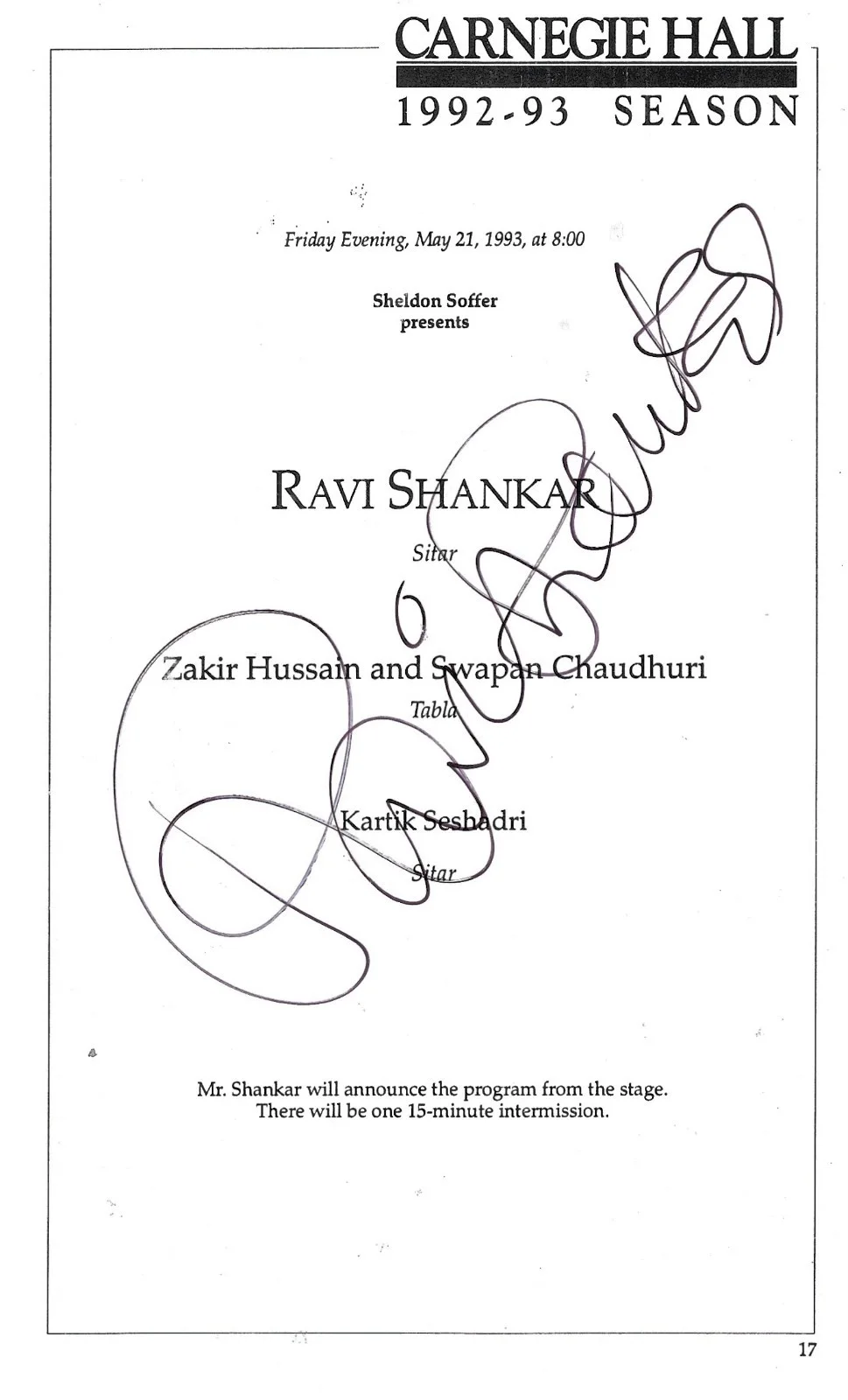 RAVI SHANKAR AUTOGRAPHED CARNEGIE HALL PROGRAM 5/21/93 CHAUDHURI&HUSSAIN TABLA, image 3