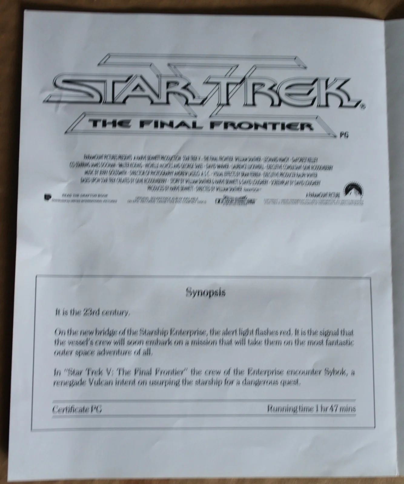 LOT#5 STAR TREK TFF PRODUCTION SYNOPSIS BOOKLET & KRAITH MANUAL, image 2