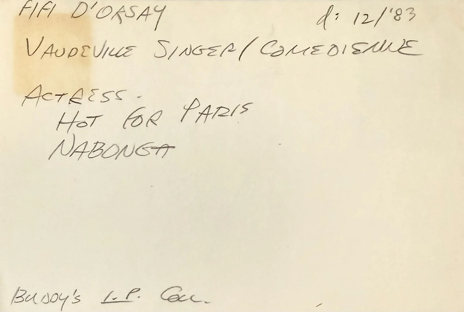 Fifi D'Orsay — FIFI D'ORSAY Signed Autographed 4x6 INDEX CARD The Life of Jimmy Dolan NABONGA, изображение 2