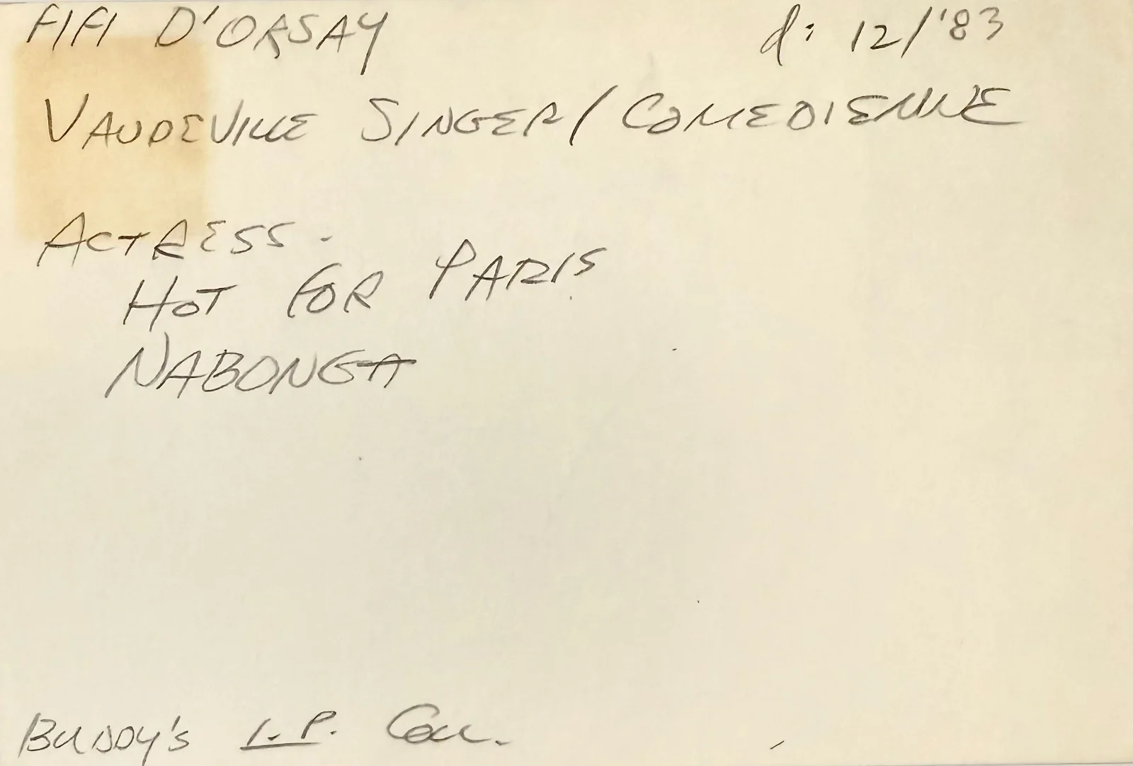 Fifi D'Orsay — FIFI D'ORSAY Signed Autographed 4x6 INDEX CARD The Life of Jimmy Dolan NABONGA, изображение 4