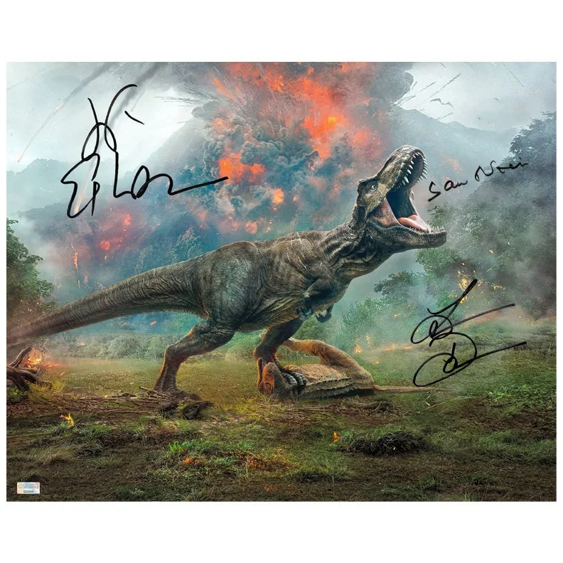 Sam Neill, Laura Dern, Jeff Goldblum — Laura Dern, Jeff Goldblum Sam Neill Jurassic World Autographed T-Rex 16x20 Photo