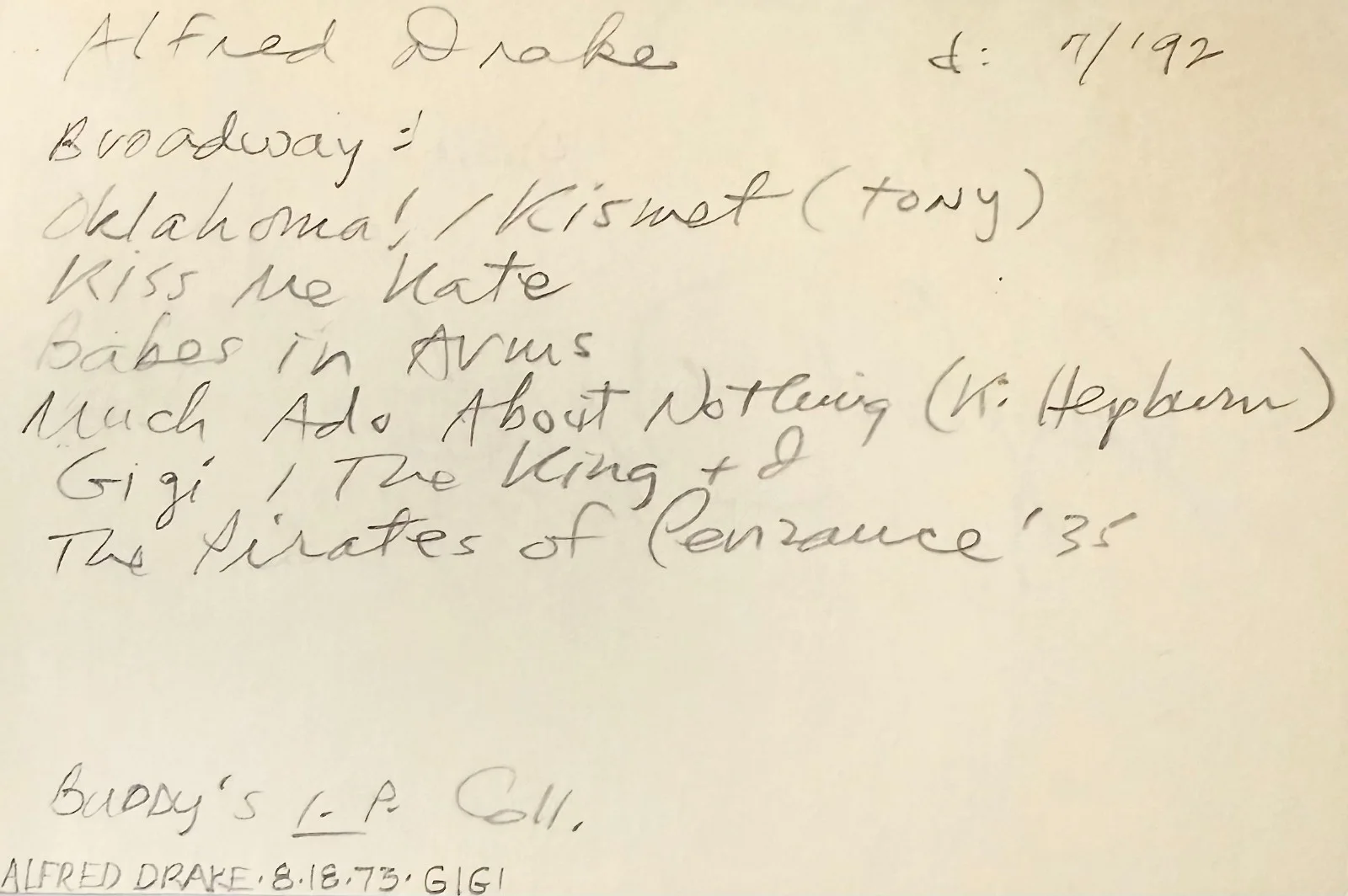 Alfred Drake — ALFRED DRAKE Autographed Signed 4"x 6" INDEX CARD The Yeomen of the Guard HAMLET, изображение 2