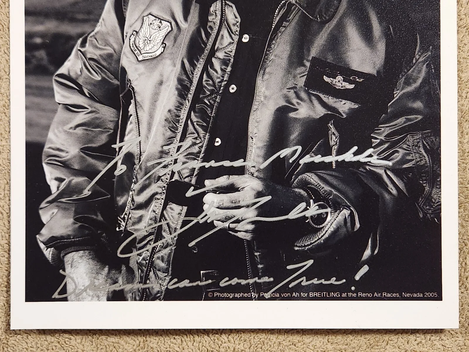 John Travolta Autographed Black White Photo Silver Ink Bomber Jacket Breitling, image 2