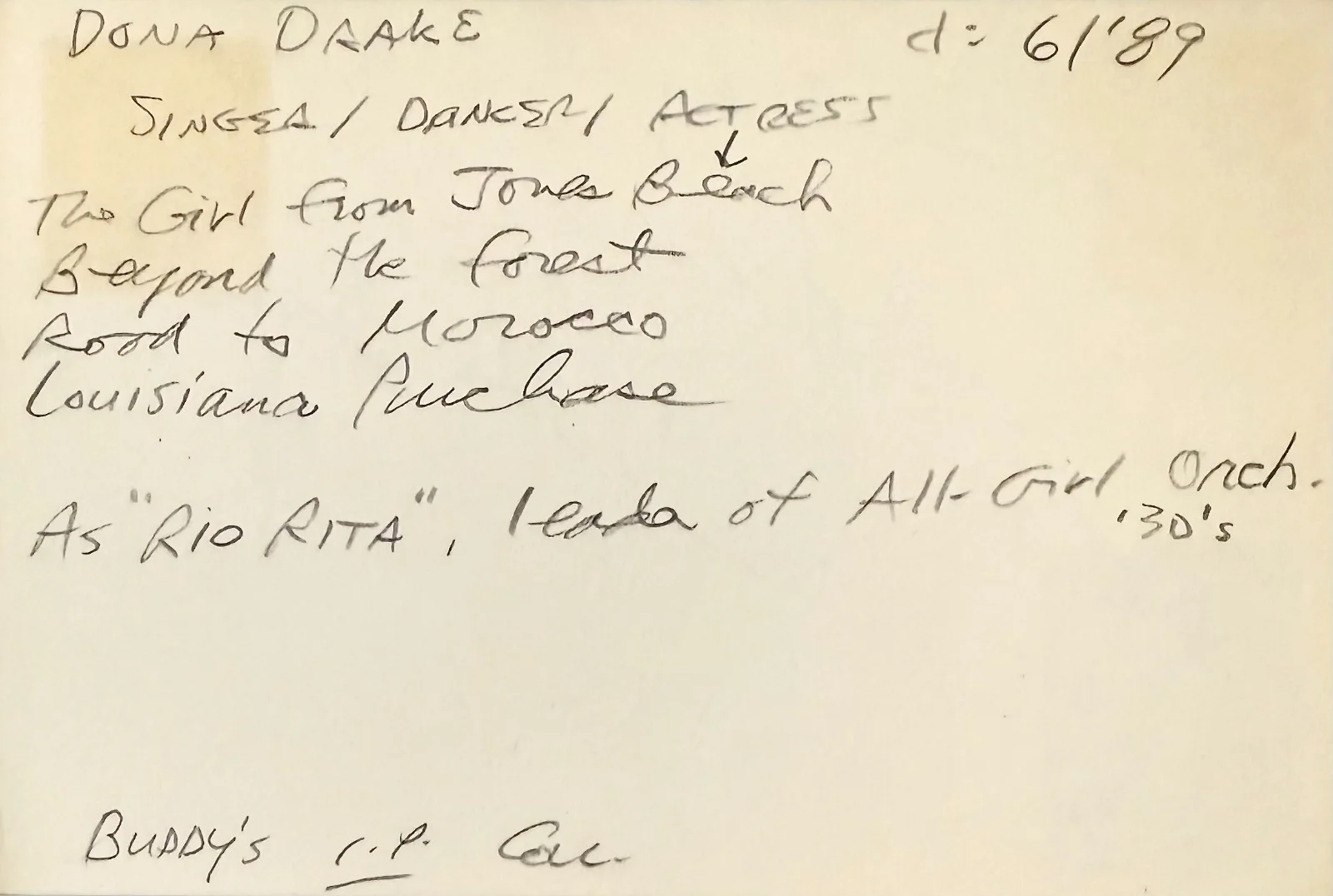 Dona Drake — DONA DRAKE Signed Autographed 4x6 INDEX CARD Kansas City Confidential VALENTINO, изображение 2