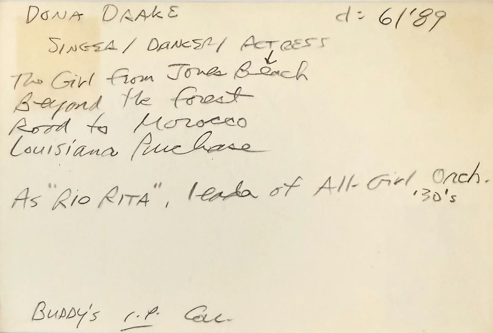 Dona Drake — DONA DRAKE Signed Autographed 4x6 INDEX CARD Kansas City Confidential VALENTINO, изображение 4