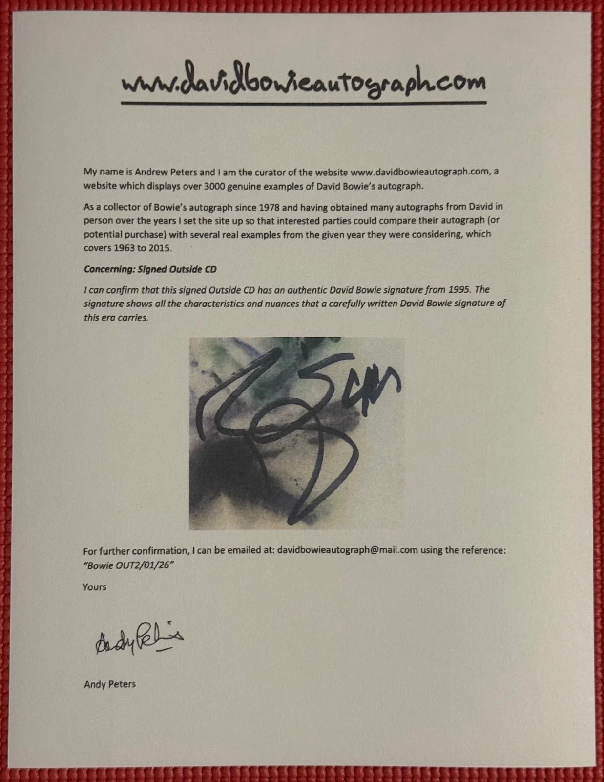ANDY PETERS signed DAVID BOWIE autographed "OUTSIDE" CD Jacket with CD, image 5