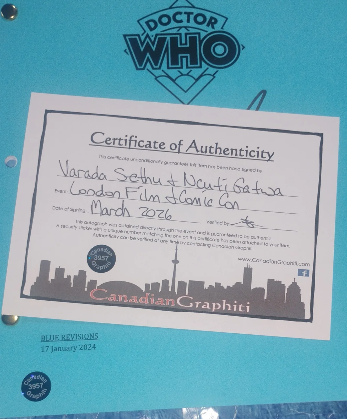 Varada Sethu & Ncuti Gatwa Hand Signed Script COA Doctor Who NO US TARIFFS, image 5