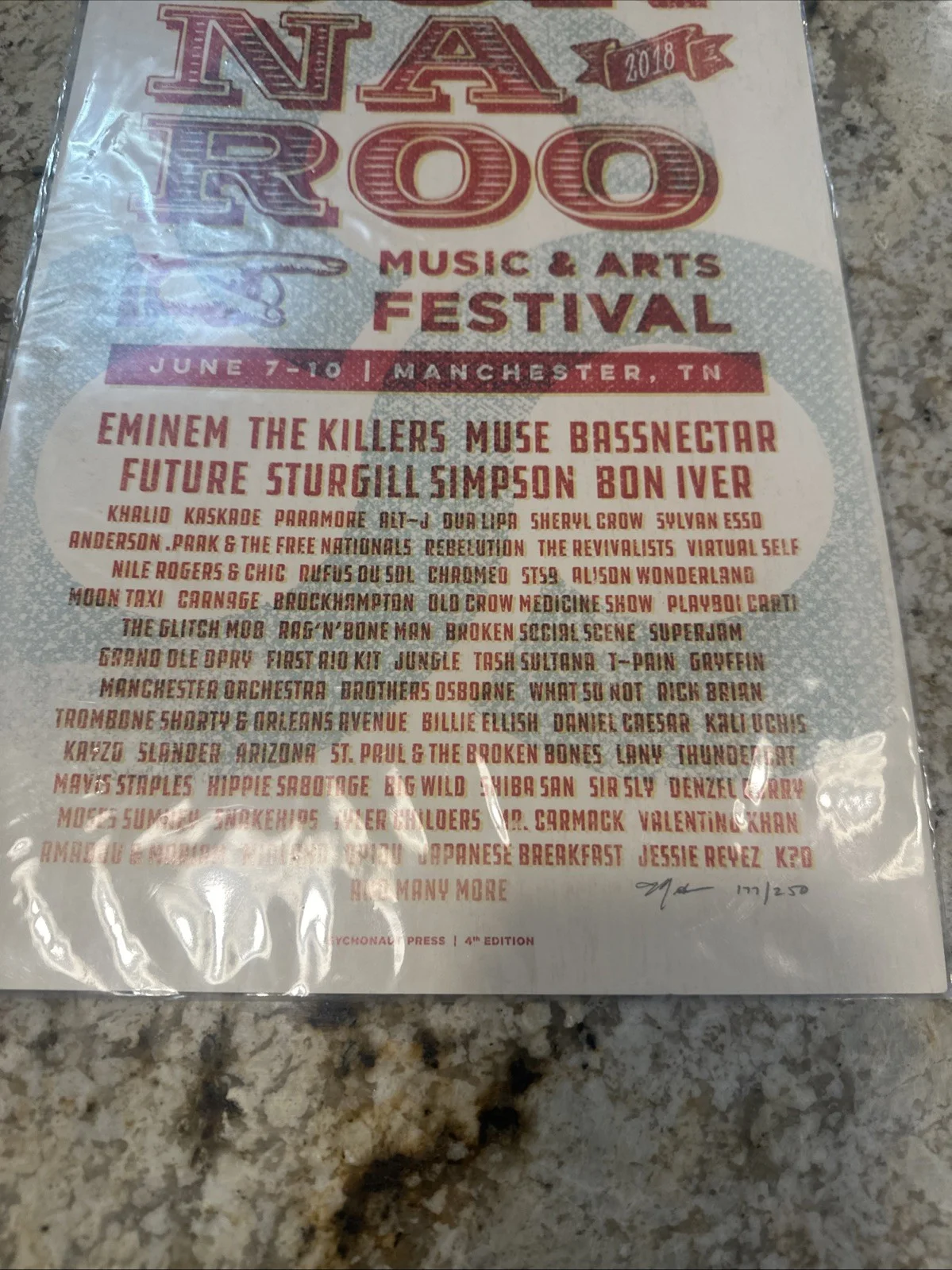 Bonnaroo 2018 11”X17” Poster Signed & Numbered #177/250 Eminem The Killers, image 3