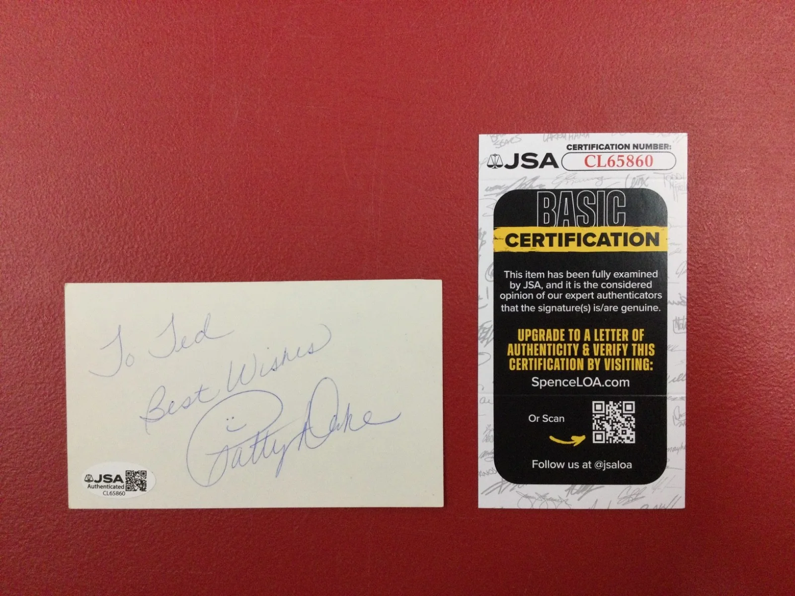 Patty Duke — Patty Duke Actress Signed Index Card JSA Auto! (d. 2016) "To Ted Best Wishes"