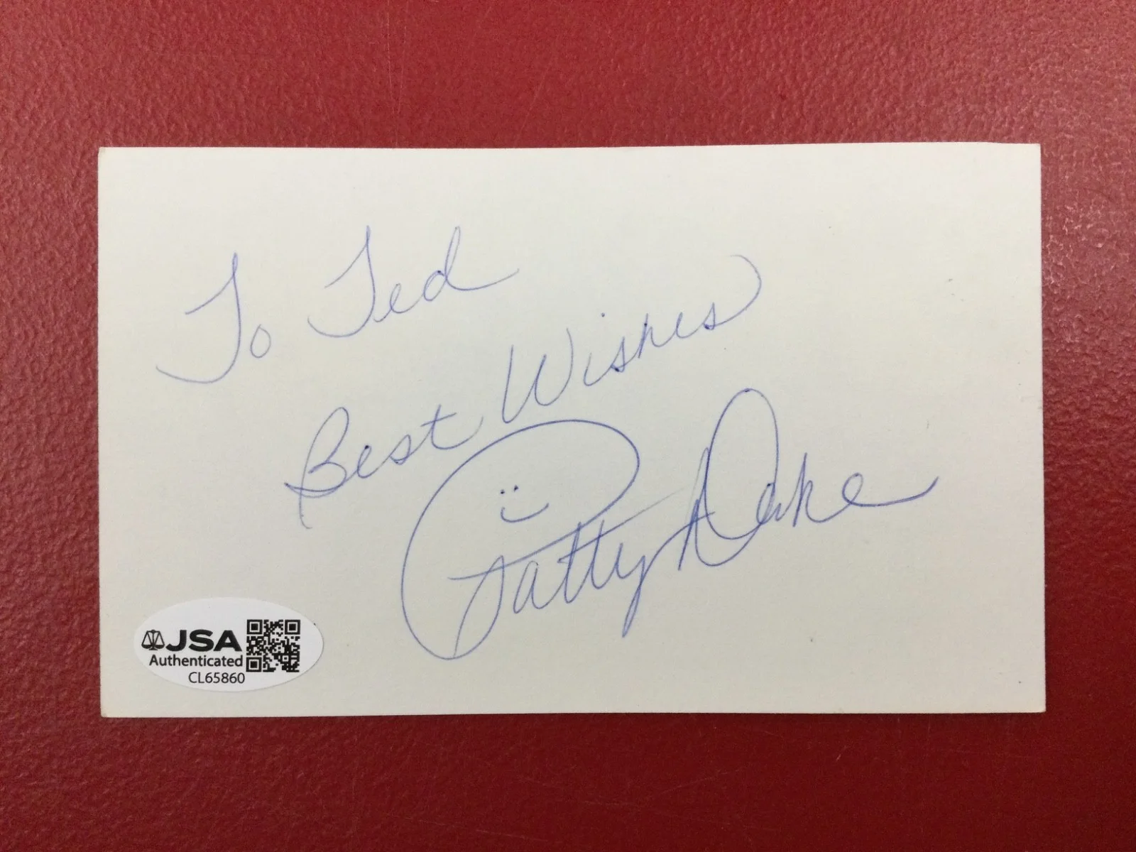 Patty Duke — Patty Duke Actress Signed Index Card JSA Auto! (d. 2016) "To Ted Best Wishes", изображение 2
