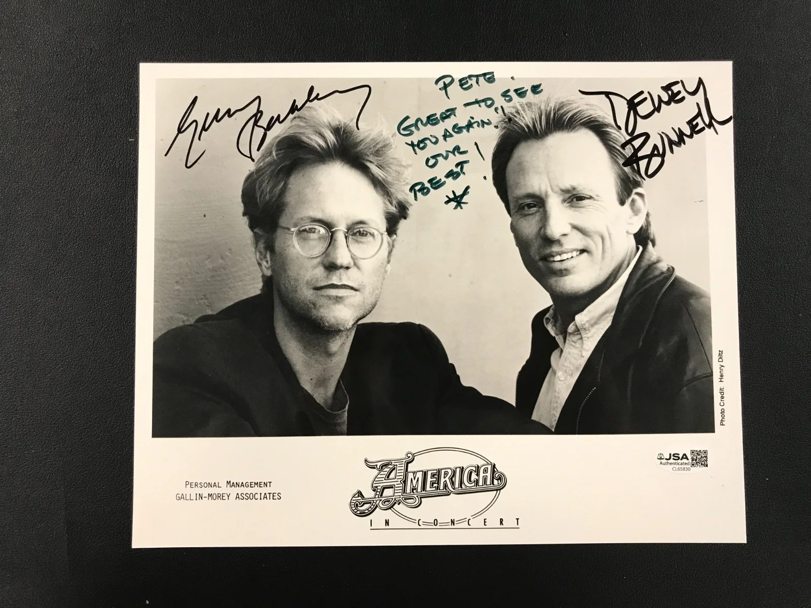 America Band Beckley, Bunnell Signed 8x10 Photo JSA (personal.) "Pete Great...", image 2