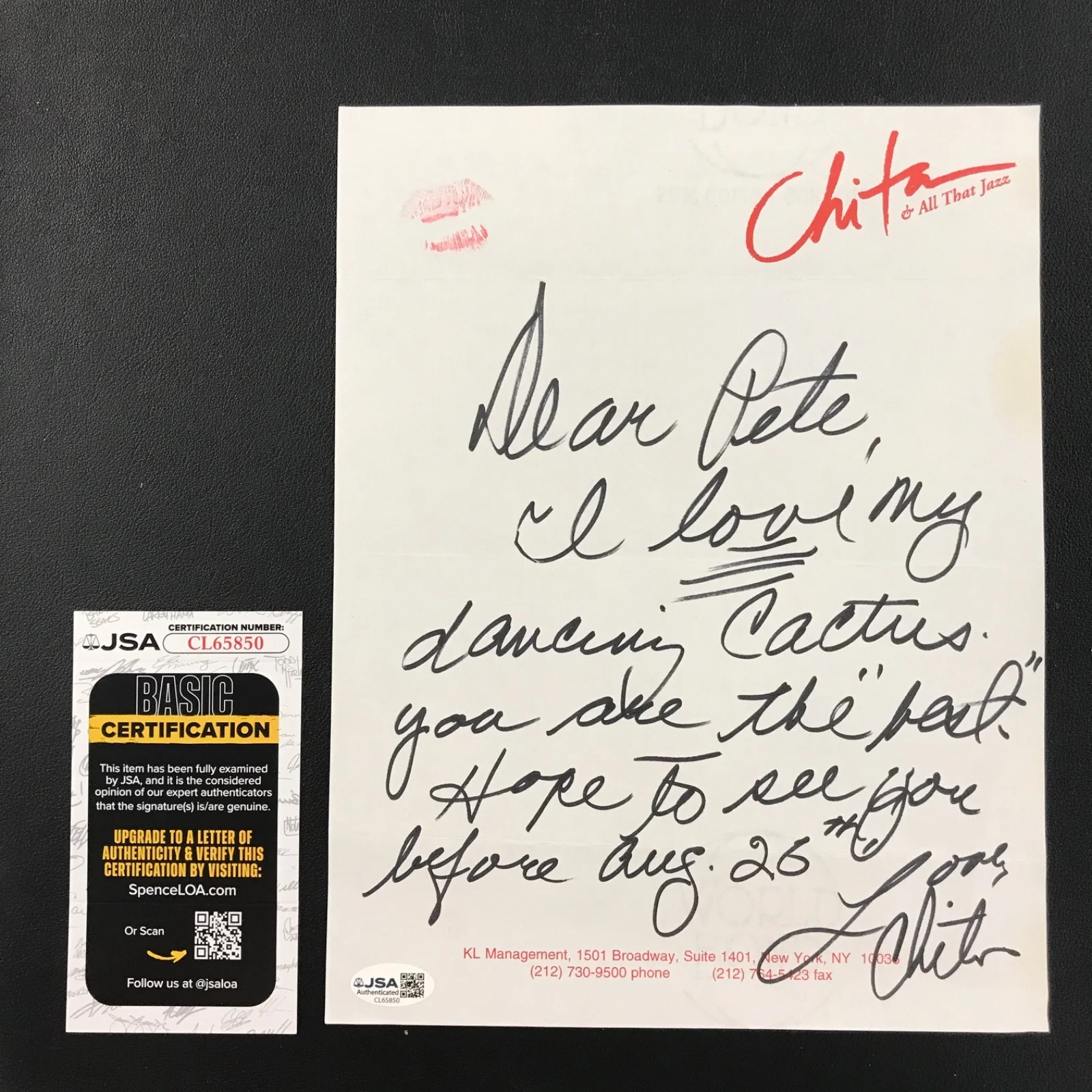 Chita Rivera — Chita Rivera Entertainer Signed Note 8x11 JSA Auto "Dear Pete, I love my..."