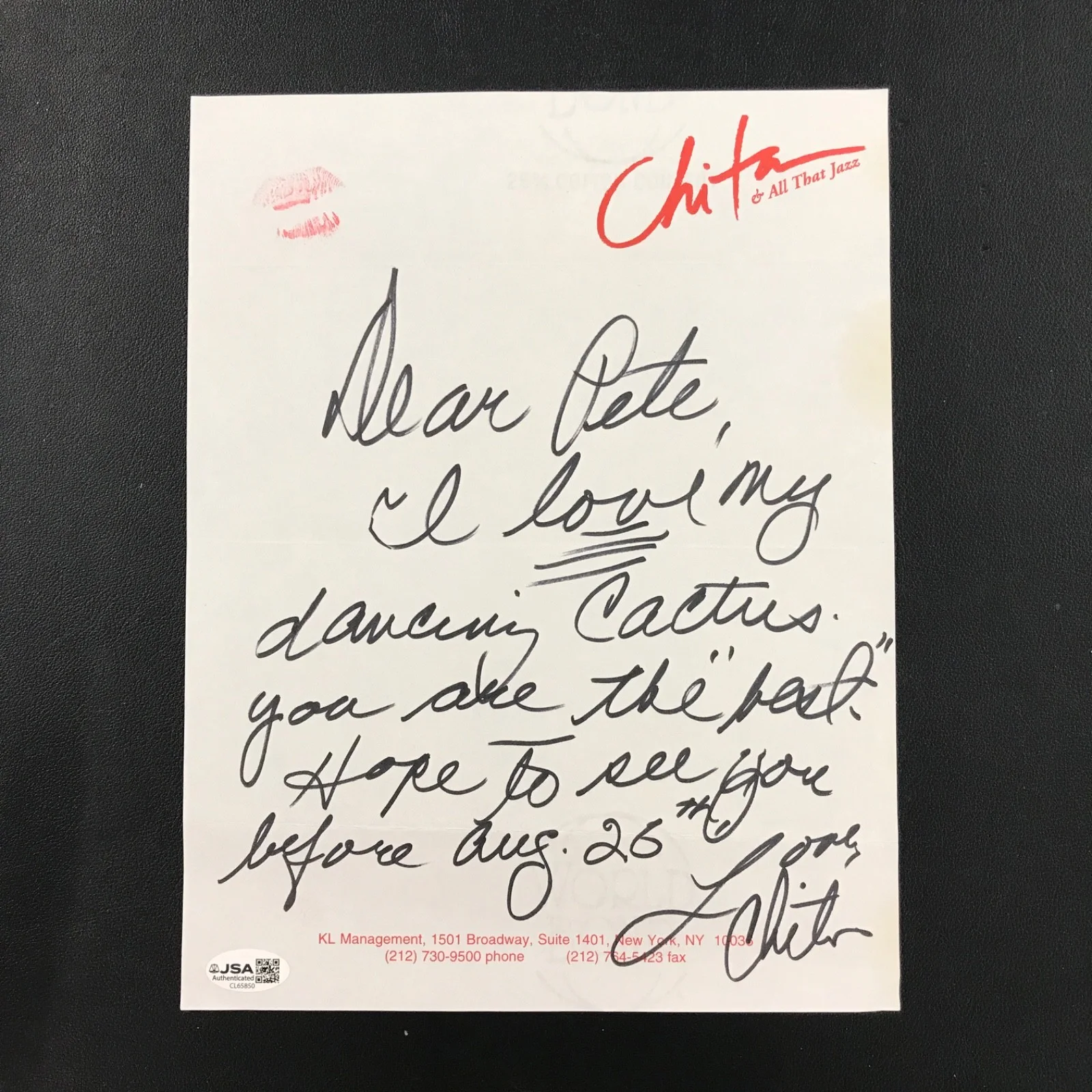Chita Rivera — Chita Rivera Entertainer Signed Note 8x11 JSA Auto "Dear Pete, I love my...", изображение 2