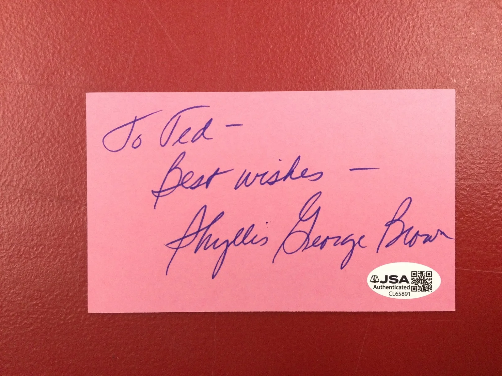 Phyllis George — Phyllis George Reporter The NFL Today Signed 3x5 Card JSA "To Ted - Best wishes", image 2