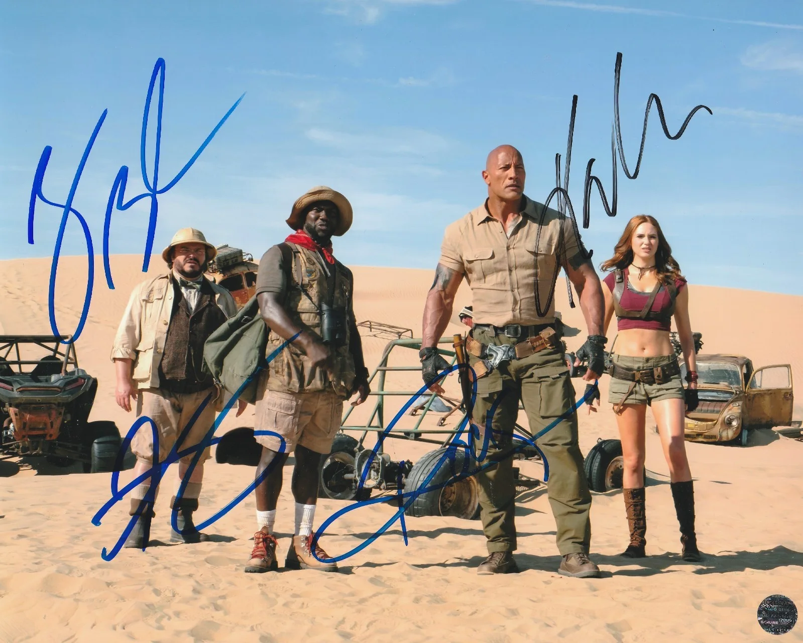 Kevin Hart & Dwayne The Rock Johnson, Jack Black, Karen Gillan — Jumanji 8x10 Photo Signed by Entire Cast (The Rock, Hart+2) COA-MatchingHologram