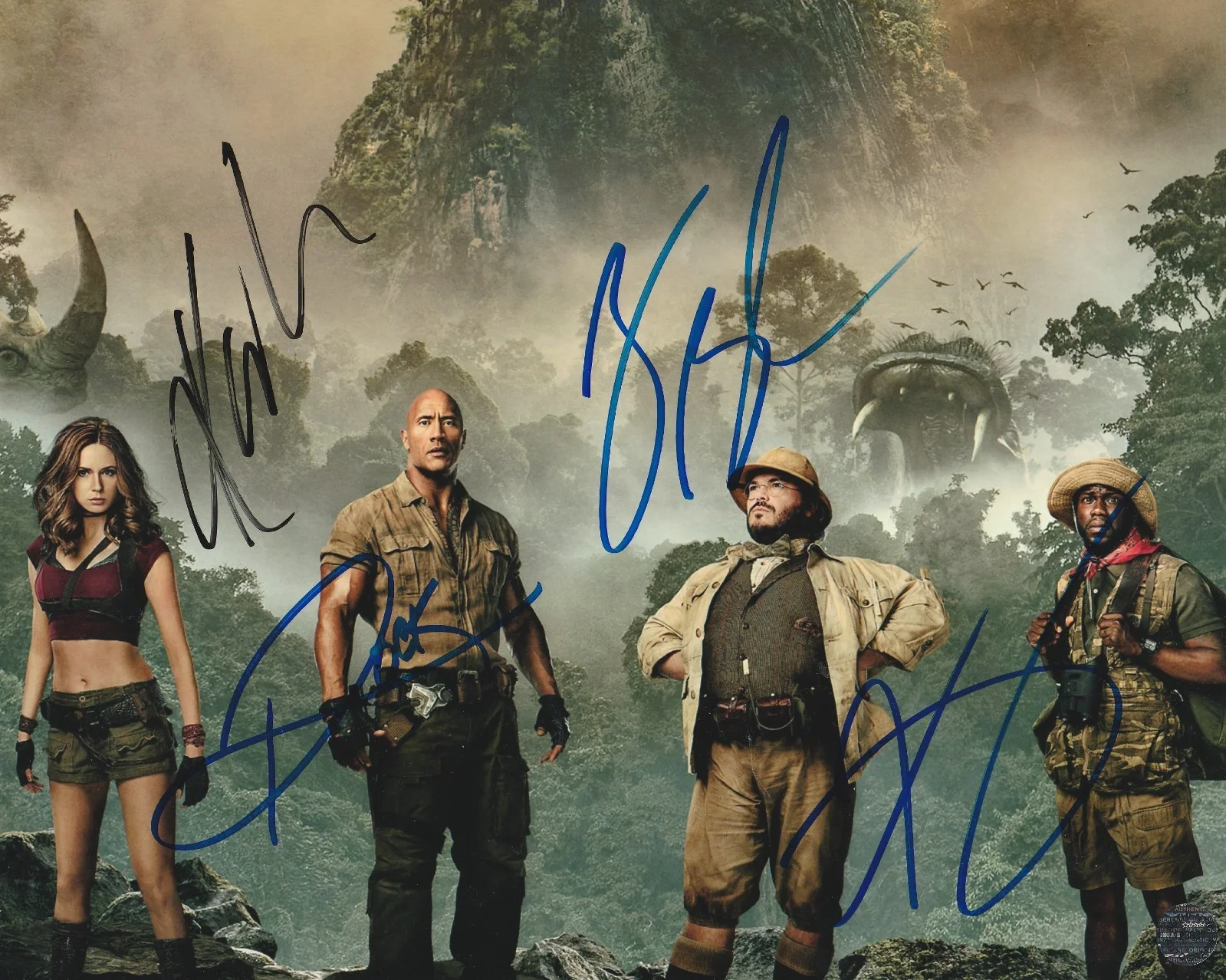Kevin Hart & Dwayne The Rock Johnson, Jack Black, Karen Gillan — Jumanji 8x10 Photo Signed by Entire Cast (The Rock, Hart+2) COA/MatchingHologram