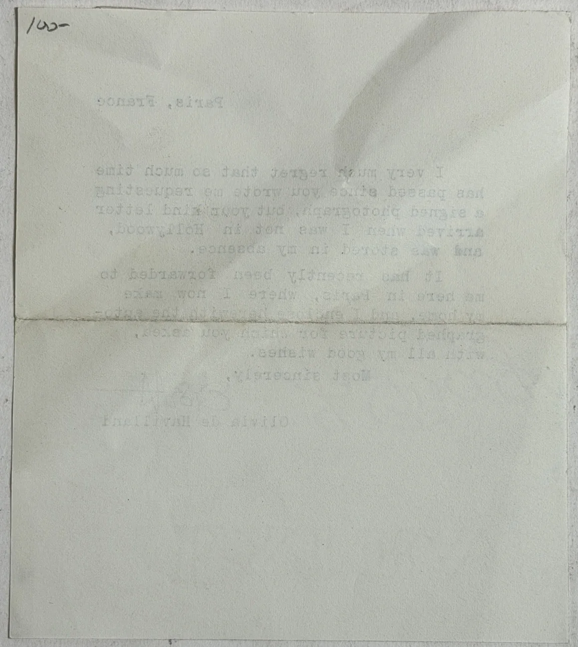 Olivia de Havilland Signed Letter Paris, image 3