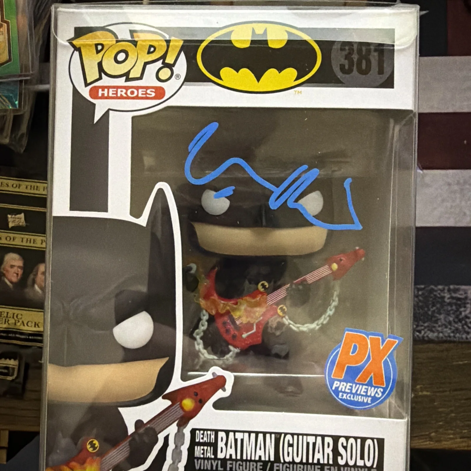 Val Kilmer — Val Kilmer Signed Batman #381 Death Metal Batman (Guitar Solo) Funko Pop! (JSA)