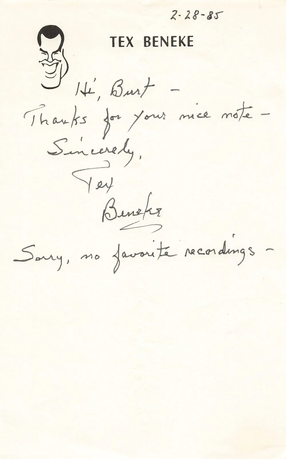 Tex Beneke 1985 Hand Signed Note Authentic Autograph Big Band Saxophonist *P1, image 2