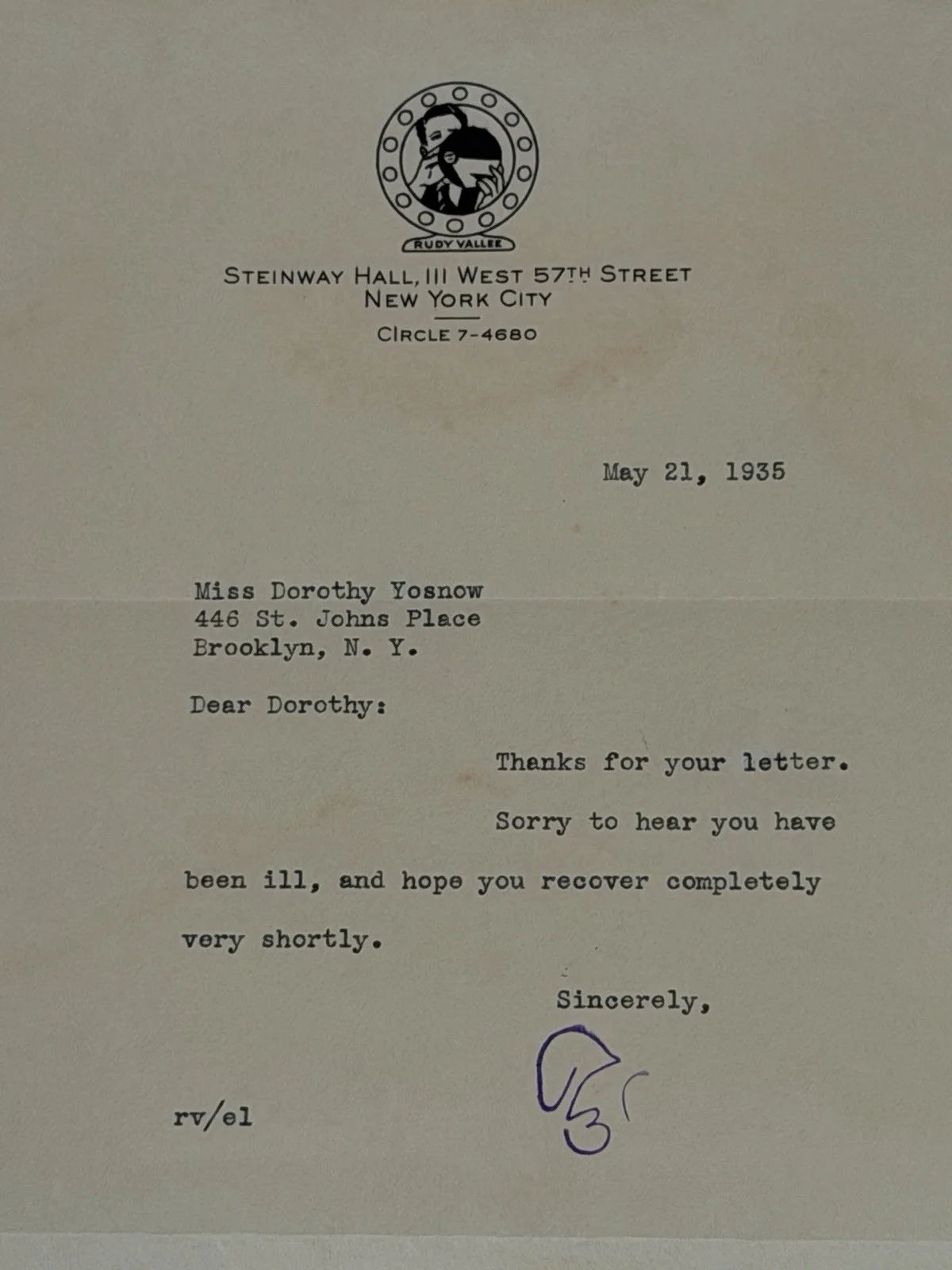 1935 Rudy Vallee Signed Letter Steinway Hall NYC Autograph & Envelope, изображение 2