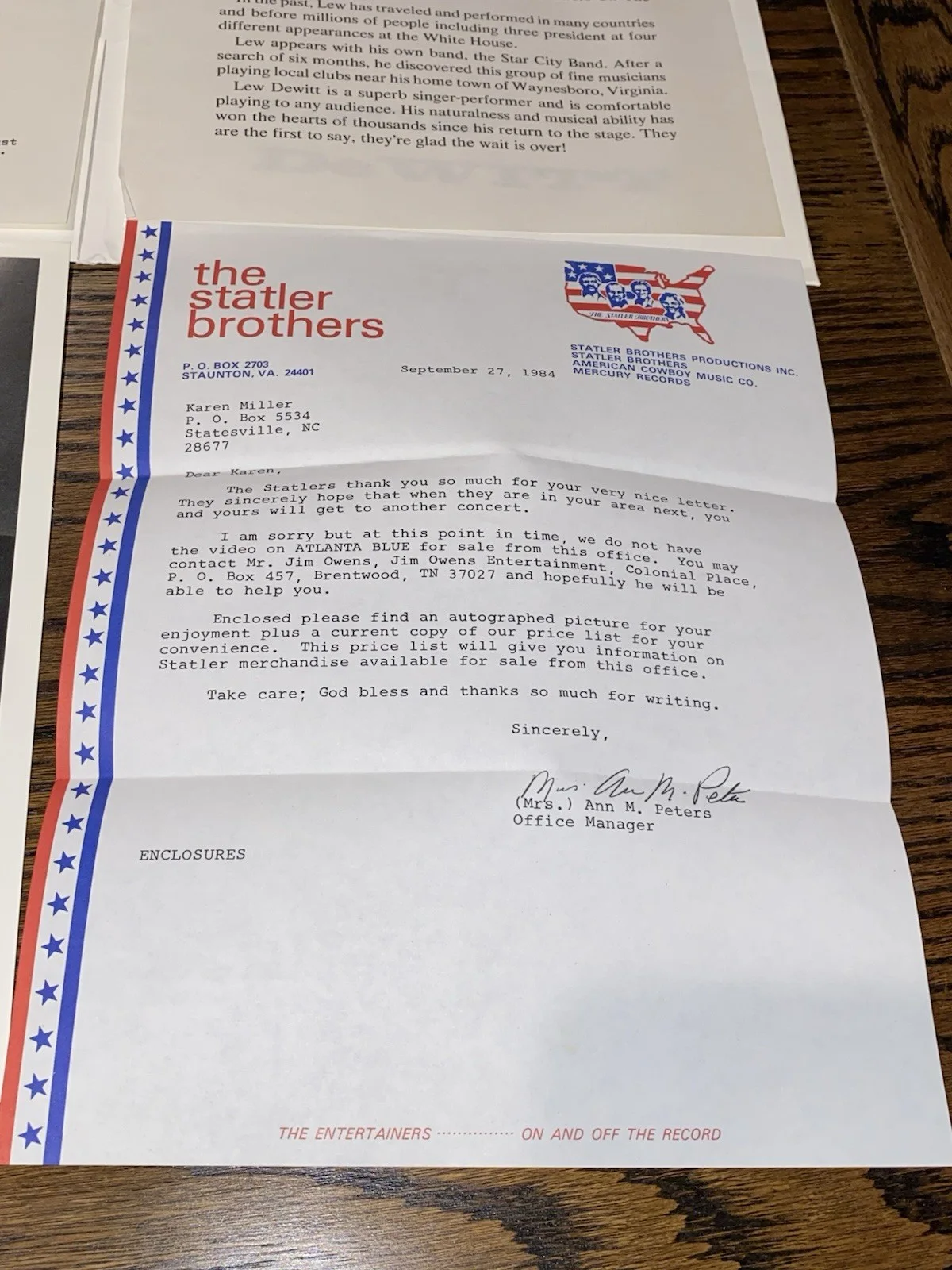 Statler Brothers Itinerary SIGNED Photo Lew Dewitt “Flowers On The Wall”, изображение 4