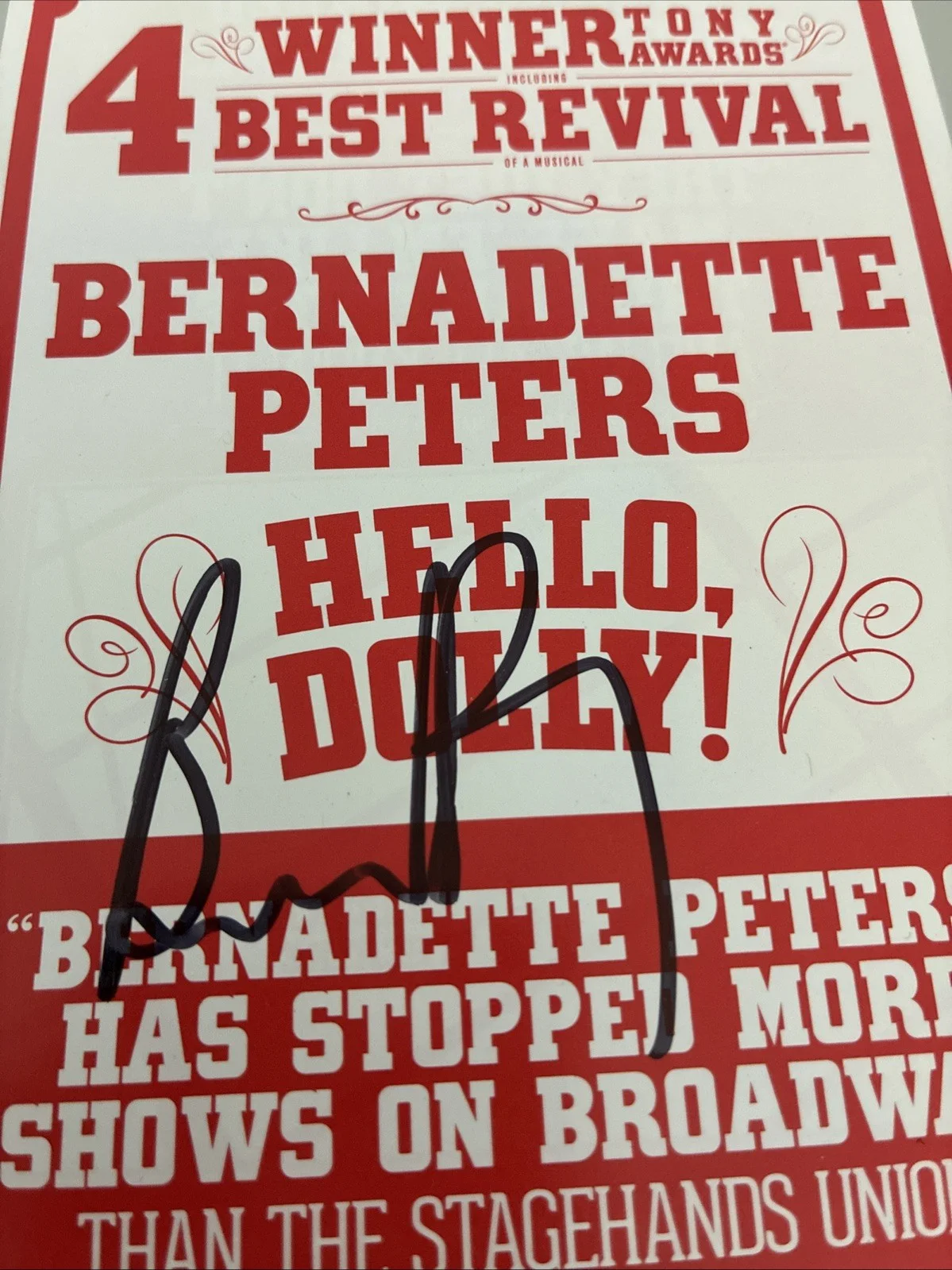 Bernadette Peters — Bernadette Peters “Hello Dolly” Autographed Broadway Flyer Shubert Theatre, изображение 2