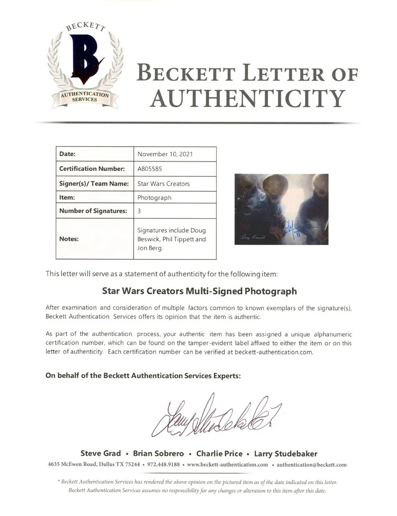 JON BERG DOUG BESWICK PHIL TIPPETT SIGNED 11x14 PHOTO STAR WARS RARE BECKETT BAS, изображение 5