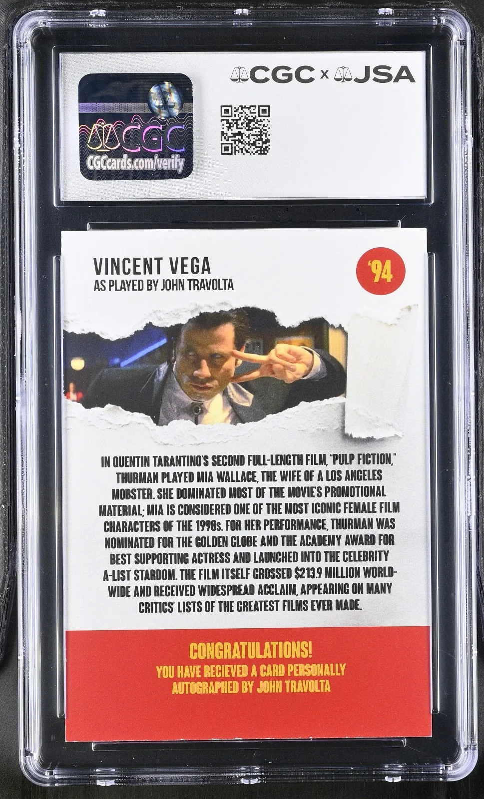 John Travolta — Custom Card Pulp Fiction #94 Signed John Travolta CGC x JSA Authentic AUTO, image 2