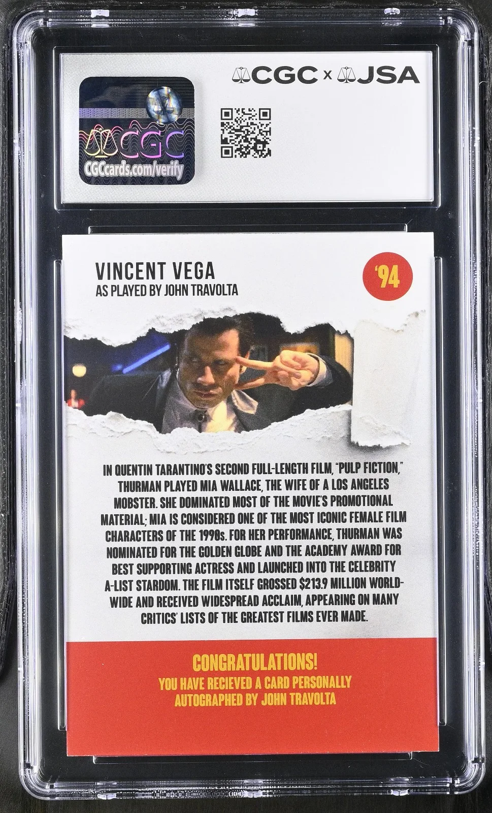 John Travolta — Custom Card Pulp Fiction #94 Signed John Travolta CGC x JSA Authentic AUTO, image 2