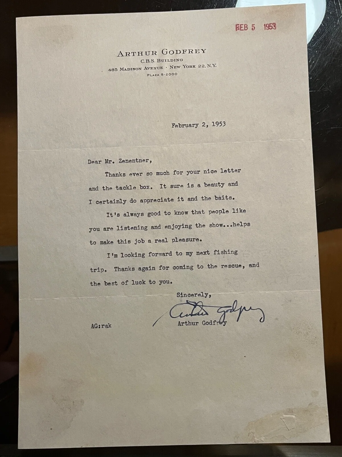 Arthur Godfrey — Arthur Godfrey Signed Autograph Letter, CBS 1953