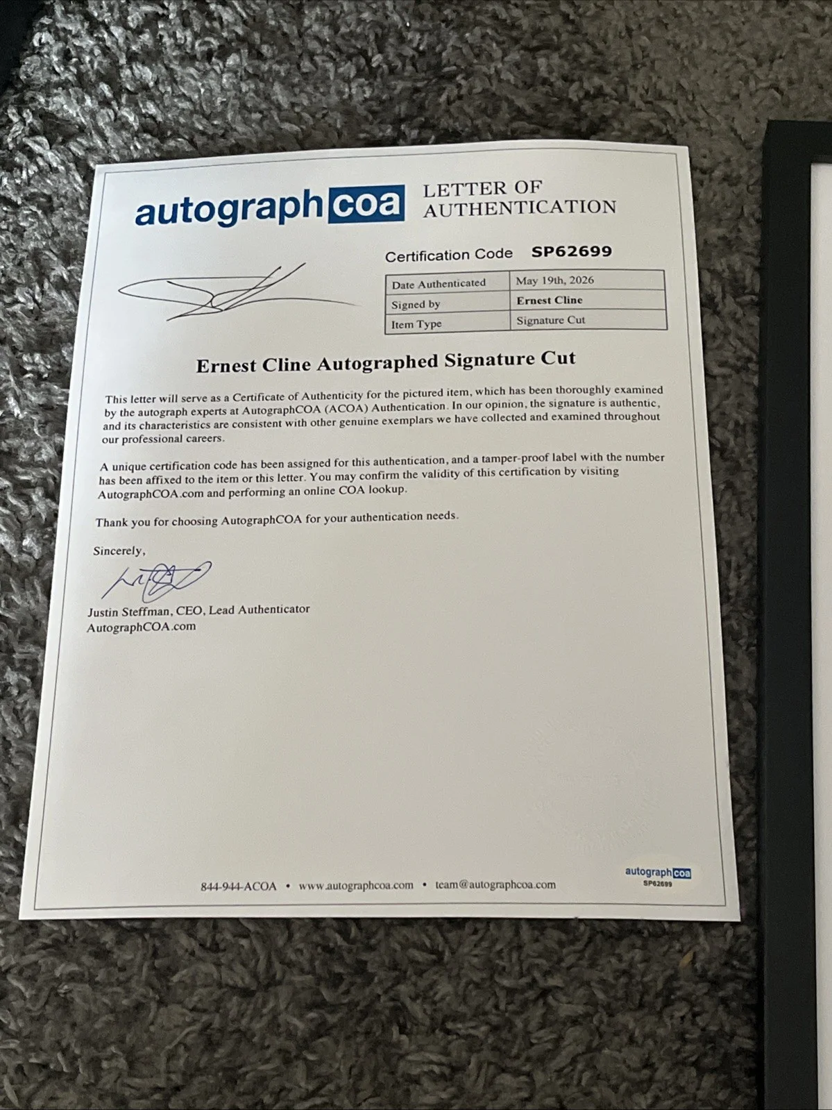 Ernest Cline — Ready Player One Ernest Cline Autographed Signed 11x14 Framed Photo ACOA LOA, изображение 2