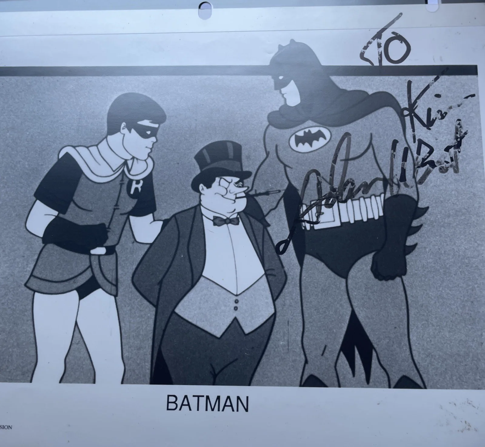 Adam West — 8” X 10” In Person Autographed B&W Cartoon Pic of Batman-Signed by Adam West