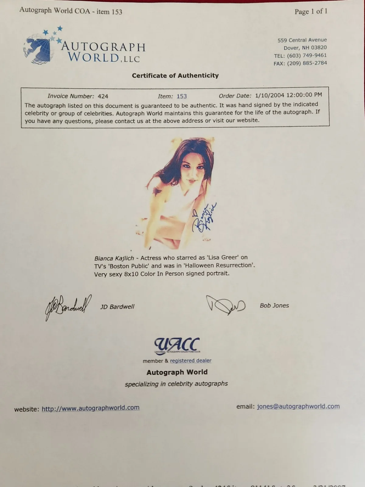 Bianca Kajlich Signed Autographed 8x10" Photograph AW COA, изображение 3