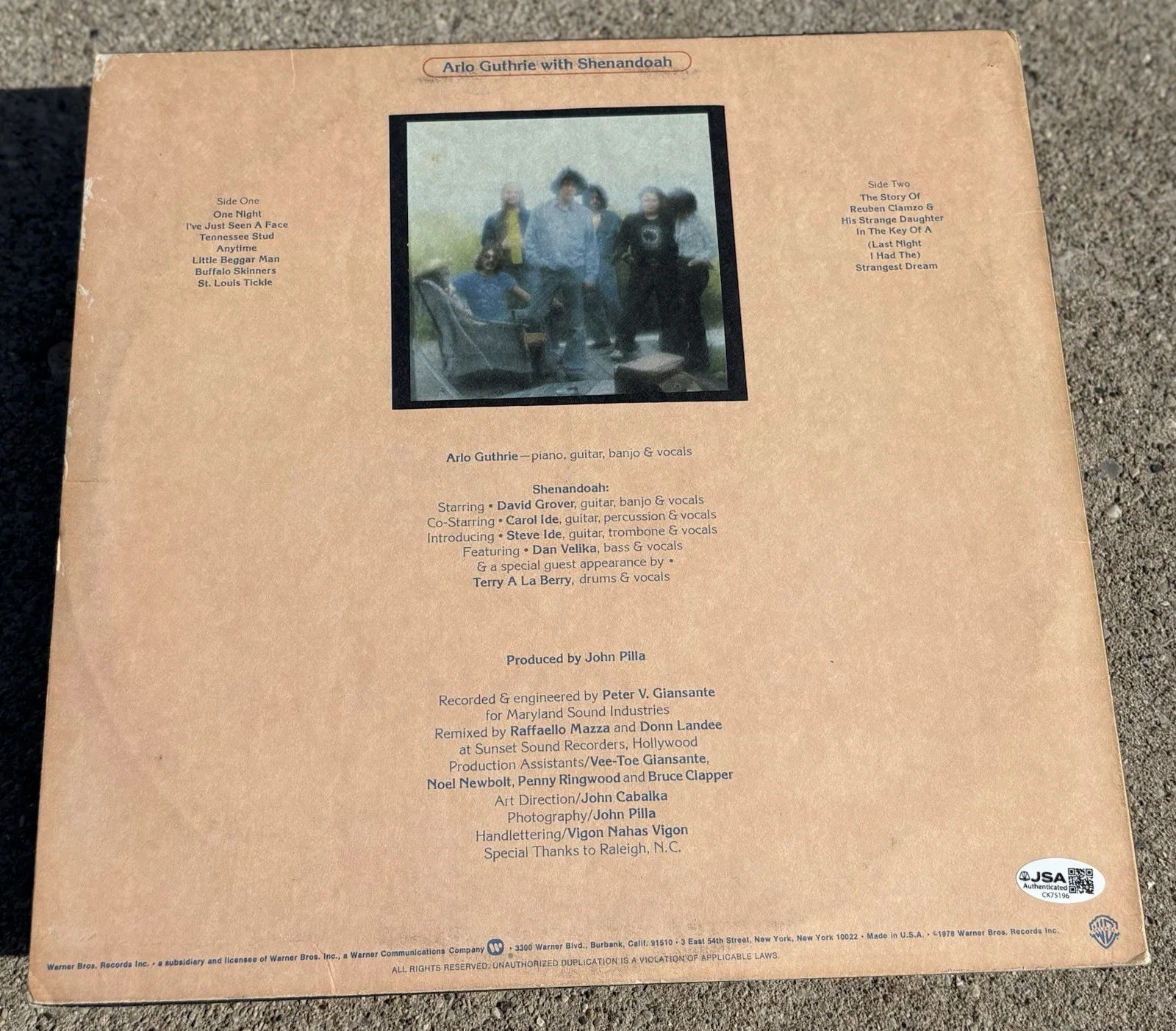 ARLO GUTHRIE SIGNED One Night Vinyl JSA COA, image 2